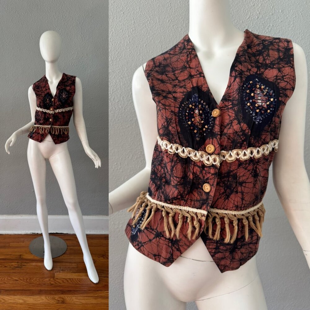 Vintage 90s Western Collection Cotton Beaded Fringe Vest M